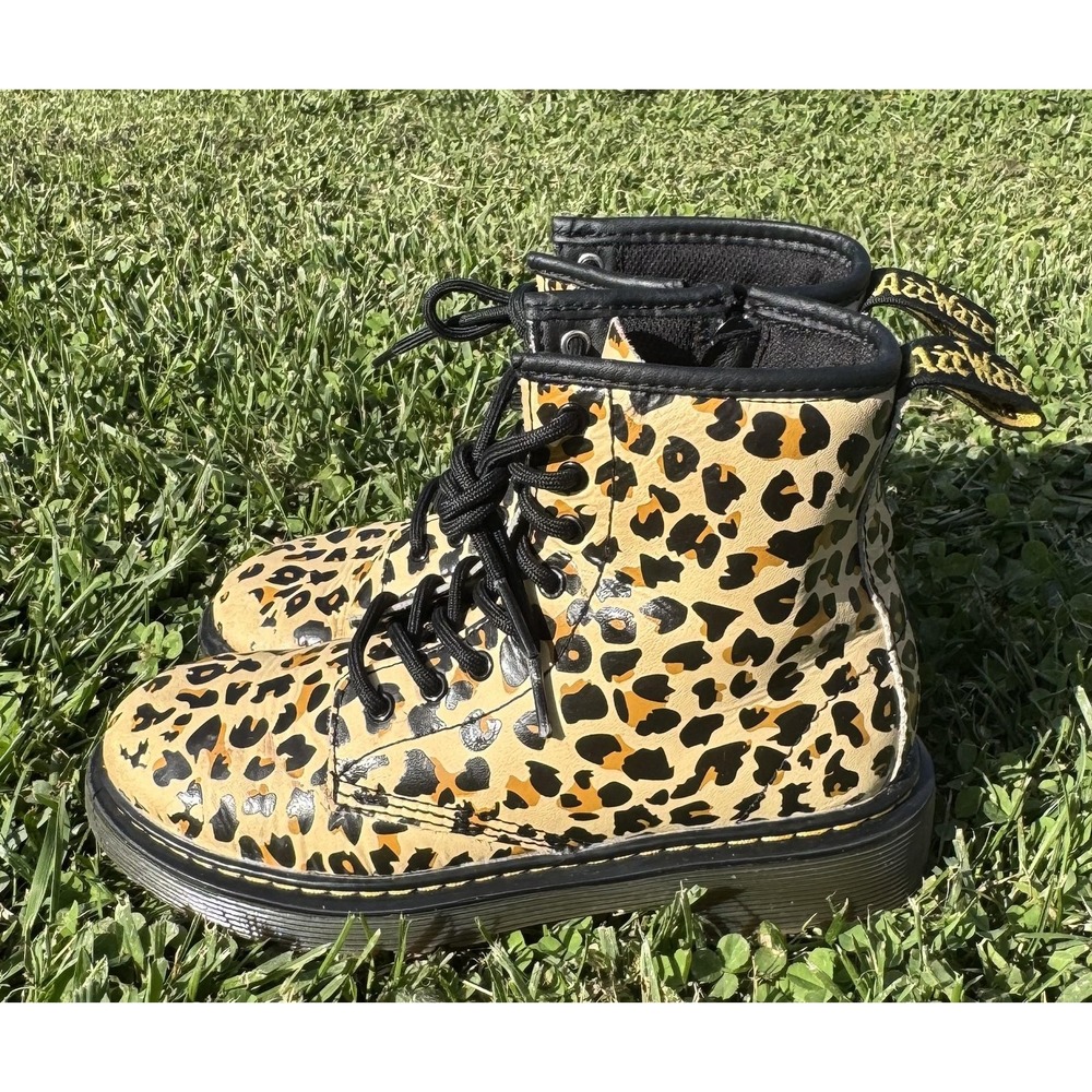 Dr. Martens 1460 J Boots Kids Size 2 Beige Leopard Combat Zip Leather Girls Boys